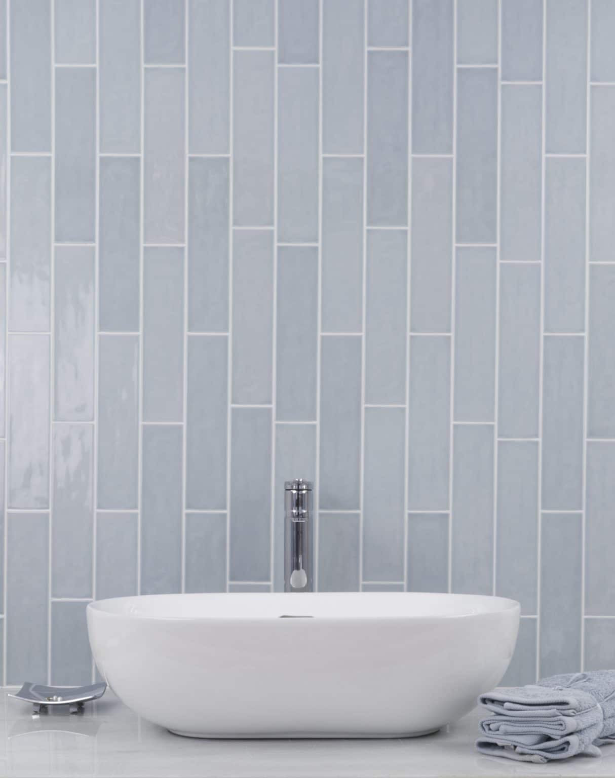 River Blue Habitat 2.5×10.3 Glossy Subway Tile on Bathroom Wall
