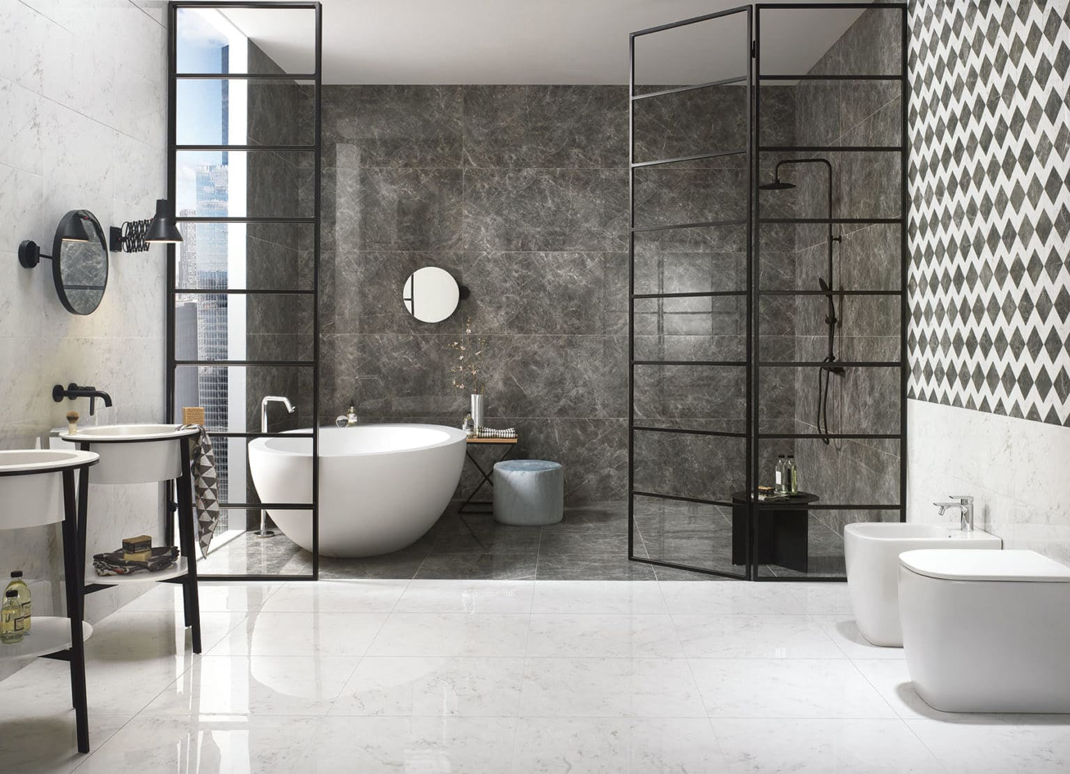 Visone Michelangelo 24×48 Polished Porcelain Tile in Bathroom