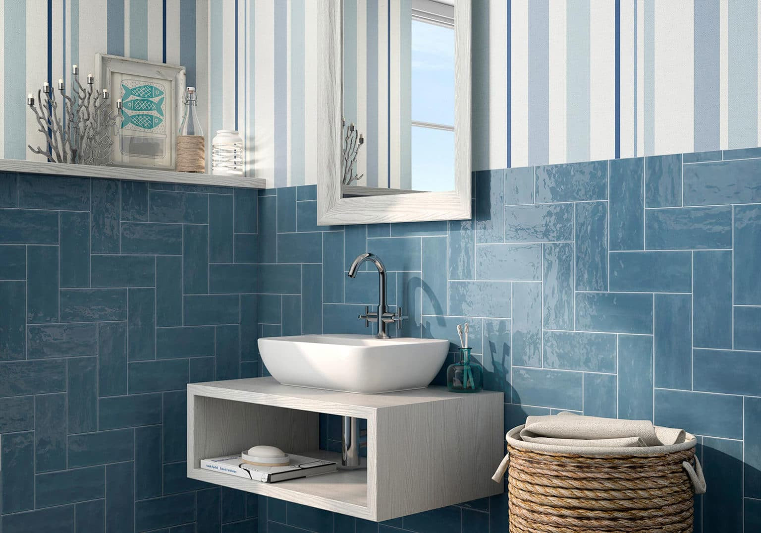 Blue Steel Maiolica 4×10 Subway Tile on Bathroom Wall