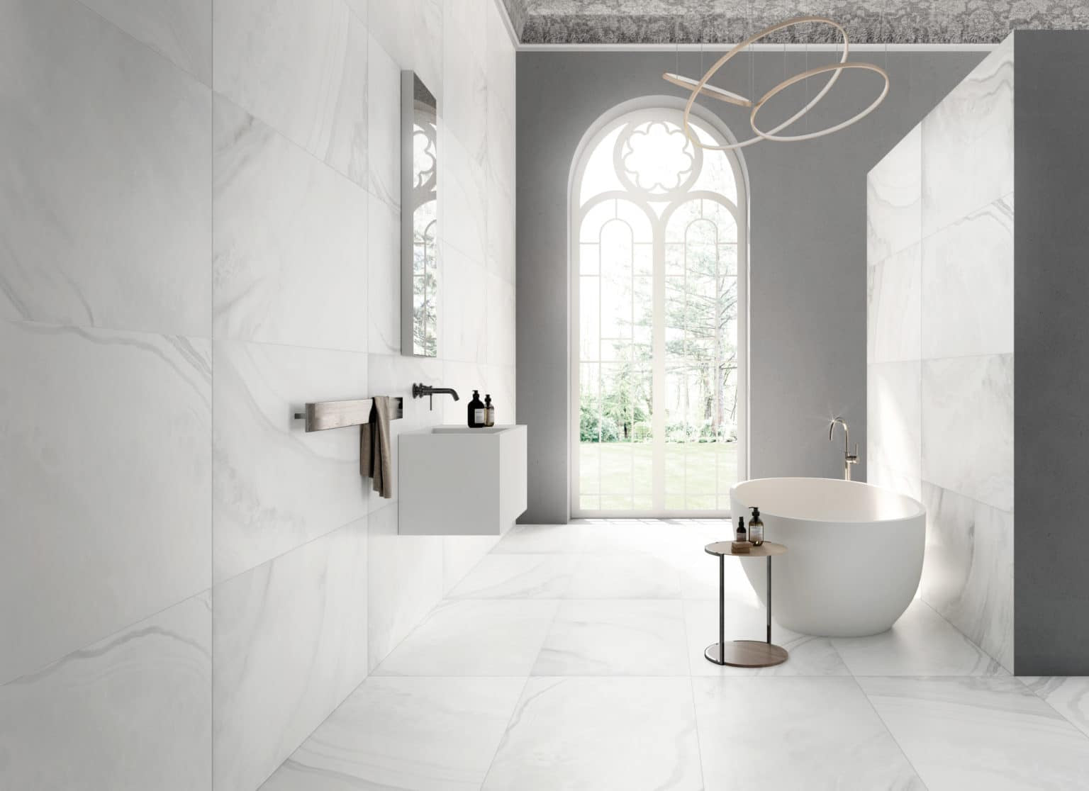 White Onyx Monte Carlo 24×48 Polished Porcelain Tile in Bathroom