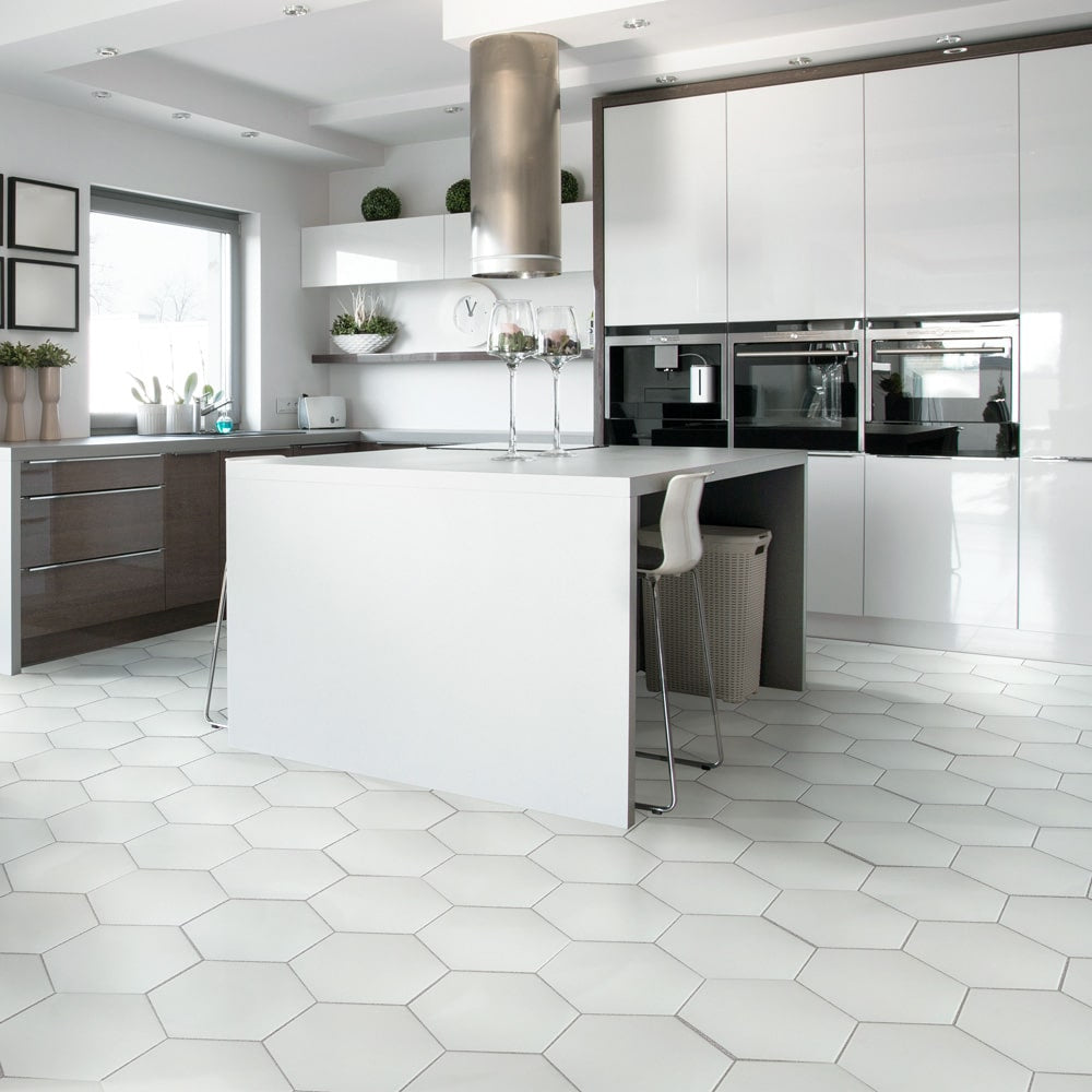 white hex kitchen floor 