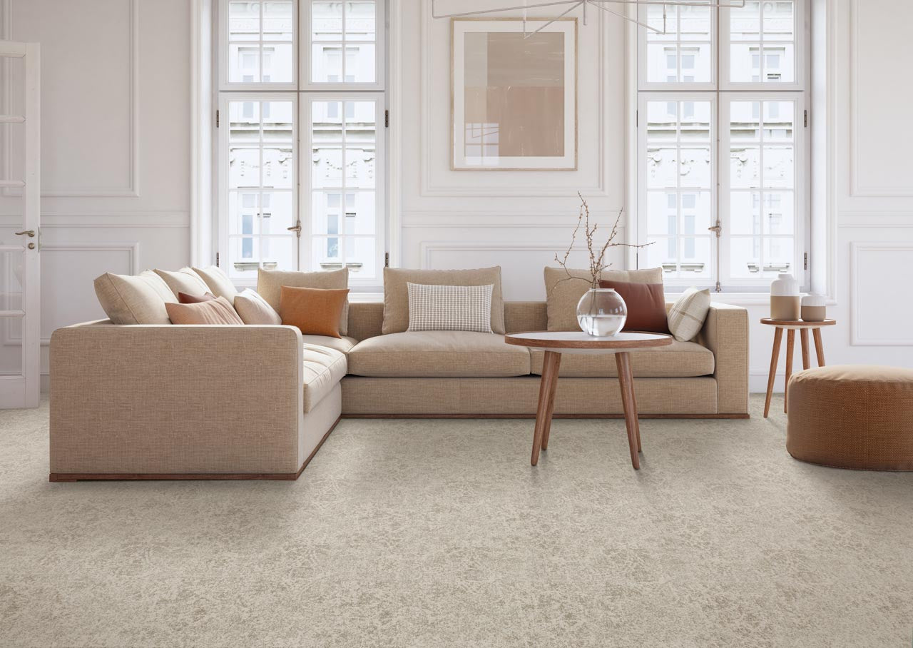 Fresh Linen Subtle Grandeur On Trend Carpet on Living Room Floor