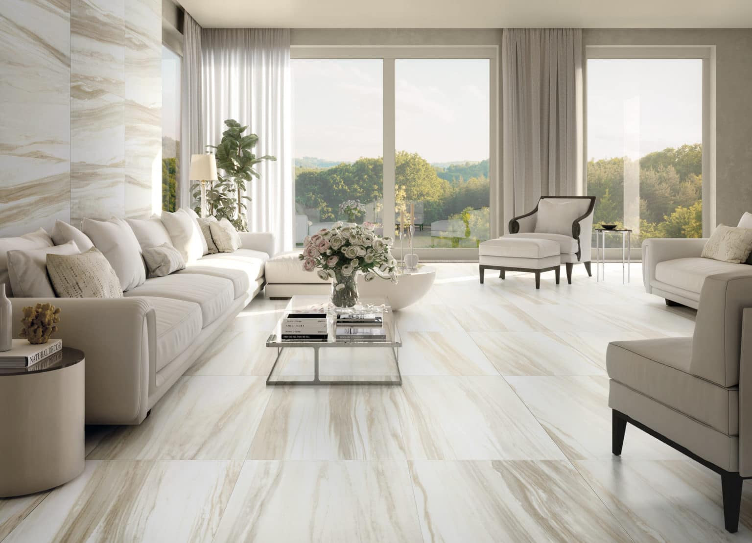 Stylish Taupe Monte Carlo 24×48 Polished Porcelain Tile on Living Room Floor