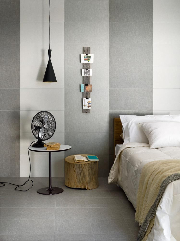 Bianco Boucle 12×24 Porcelain Tile on Bedroom Wall and Floor