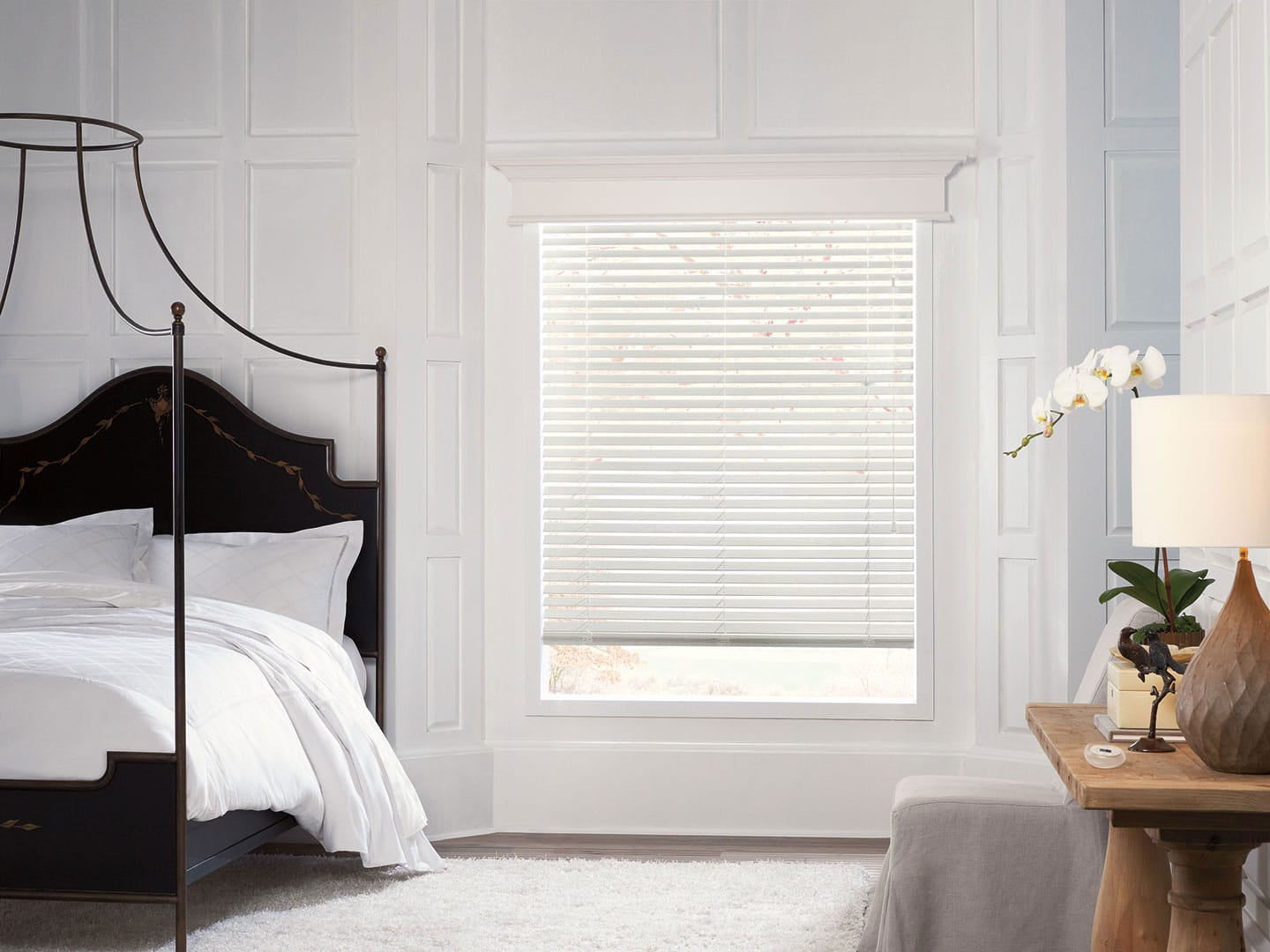 Hunter Douglas Parkland® Wood Blinds on Bedroom Window