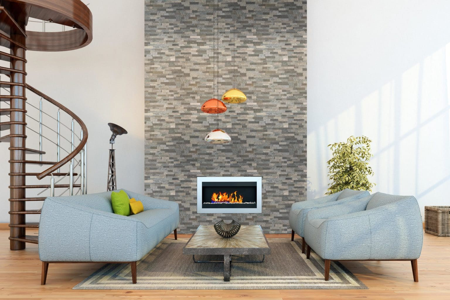 Sierra Blue Petite Landscape 4.5×16 Natural Stone Ledger Panel on Living Room Wall