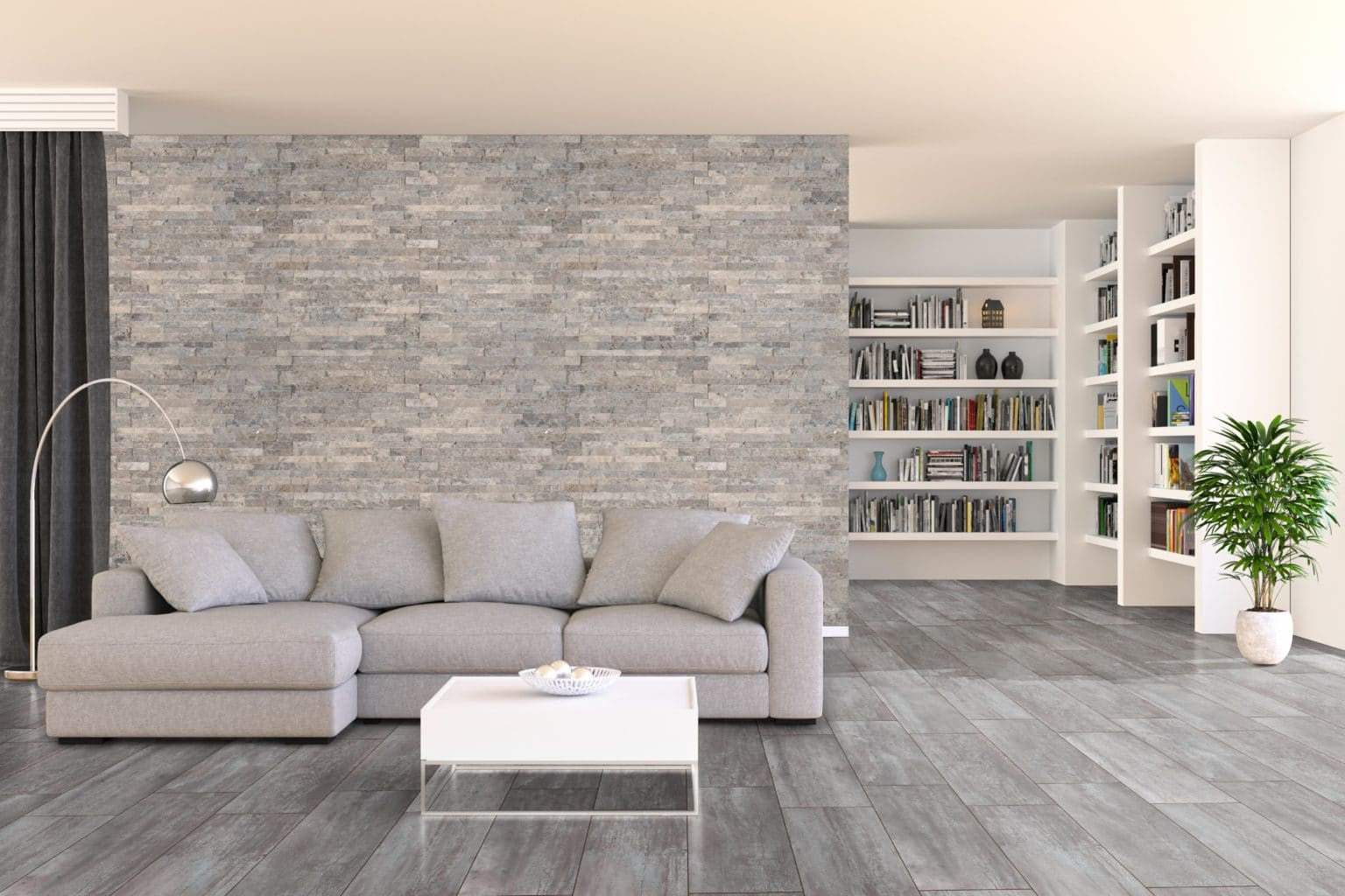 Silver Travertine Petite Landscape 4.5×16 Natural Stone Ledger Panel on Living Room Wall