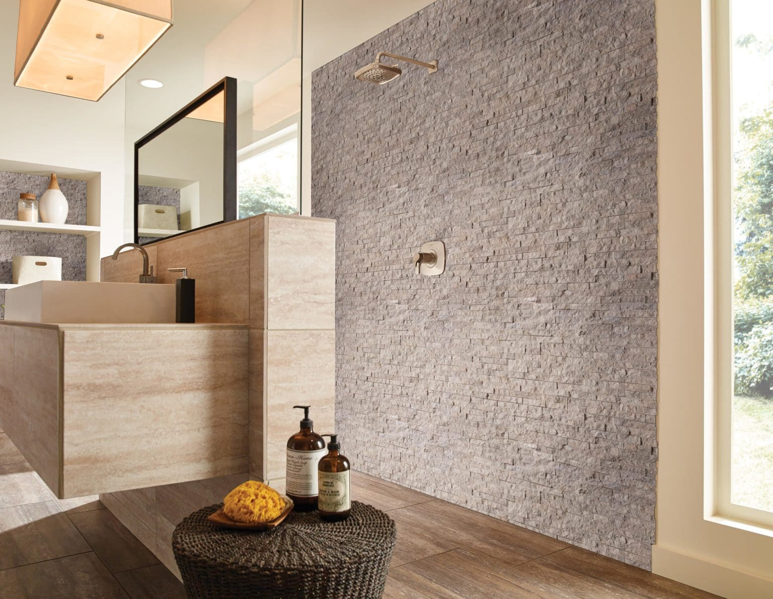 Tiara Beige Landscape 6×24 Natural Stone Ledger Panel on Living Room Wall