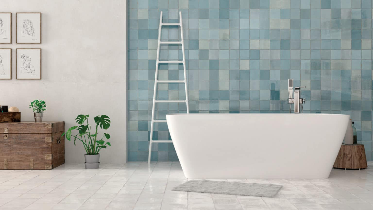 Aqua Zellige 5×5 Glossy Subway Tile on Bathroom Wall