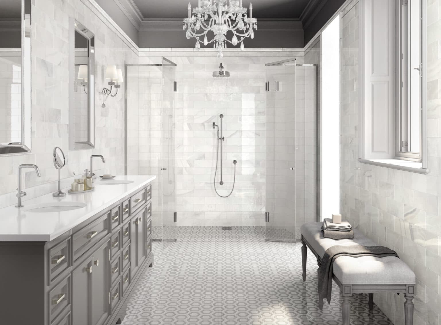White Onyx Monte Carlo 4×12 Porcelain Tile on Bathroom Wall