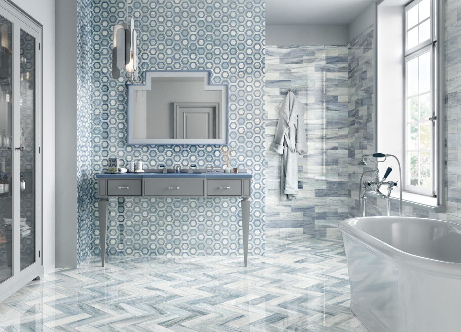 Iconic Blue Monte Carlo 4×12 Porcelain Tile on Bathroom Floor