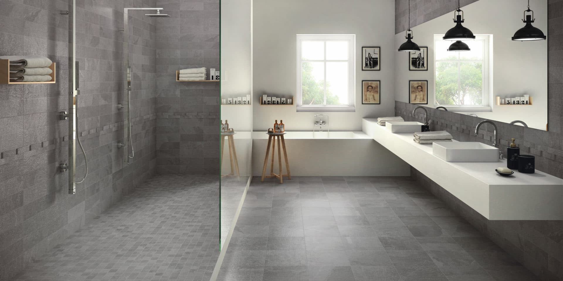 Gray Slide 24×24 Porcelain Tile on Bathroom Floor and Wall