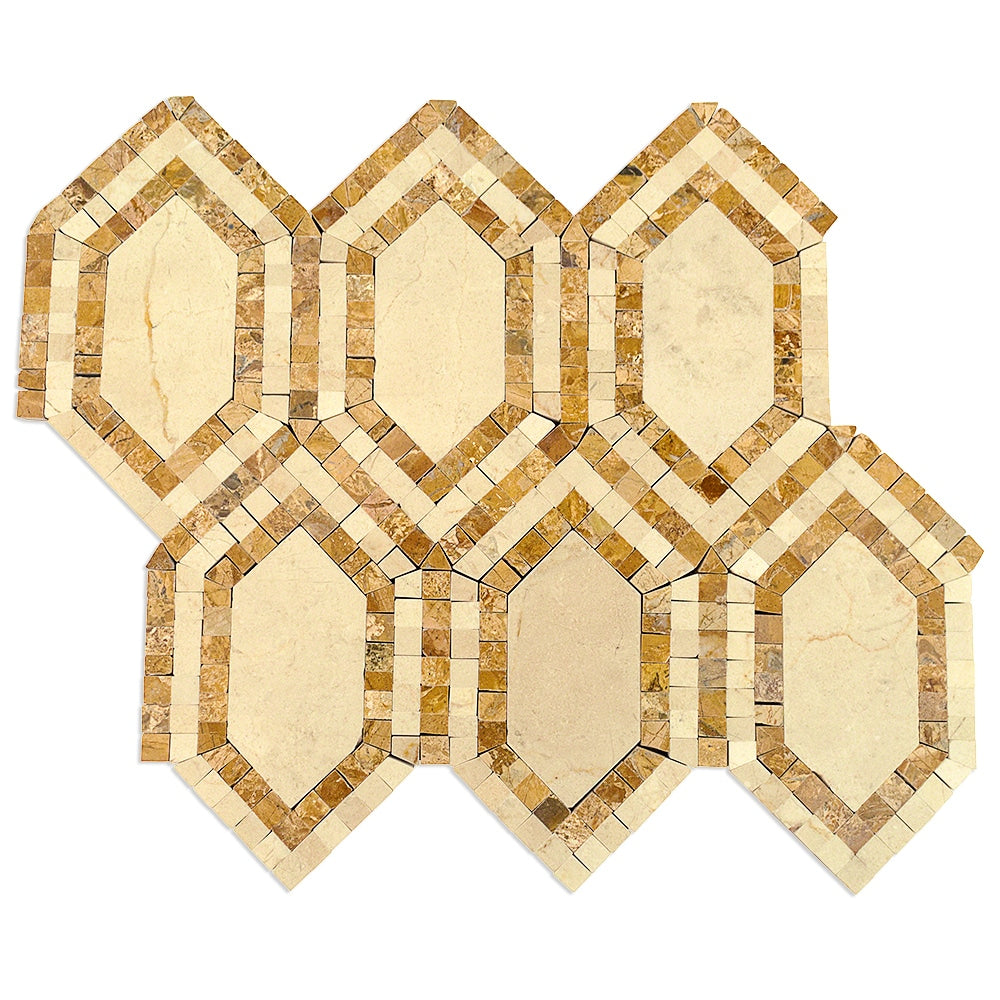 Crema Marfil New Era Long Hex Mosaic with Golden Travertine
