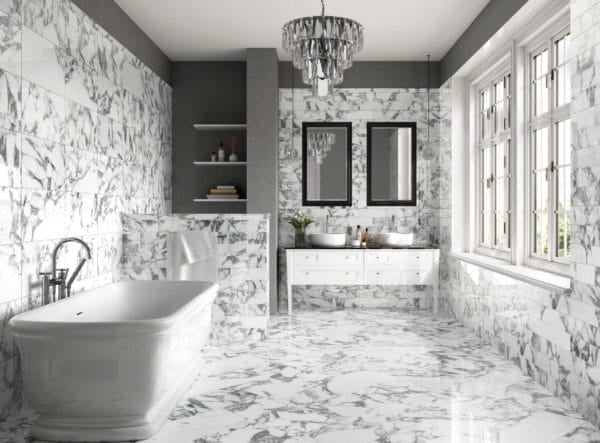 Monte Carlo 4x12 Porcelain Tile in New Arabescato in a modern bathroom