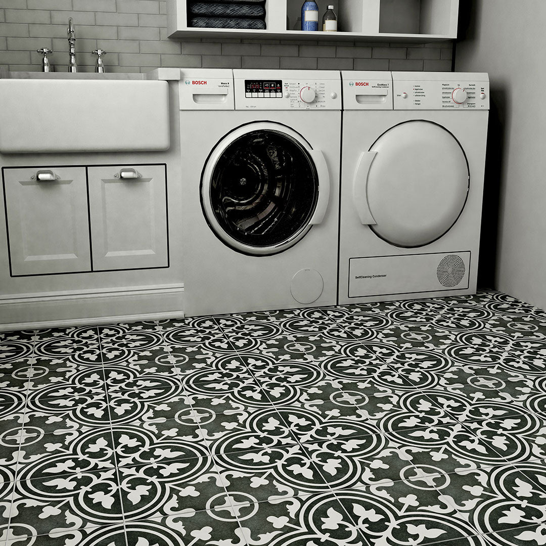 Black Arte Patterned Ceramic Tile on Laundry Room Floor