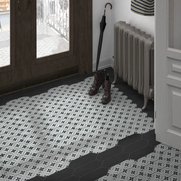 Kite Century 4 x 11 3/4 Patterned Tile in Gray featured in vintage entryway 