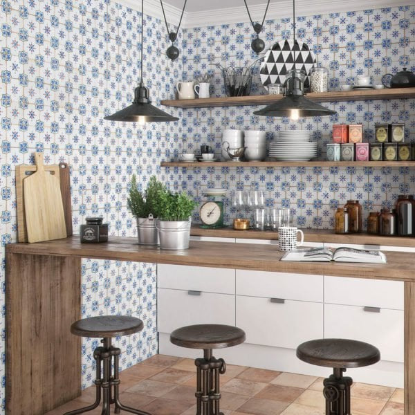 Mirambel 13x13 Patterned Tile in Azul in a kitchen backsplash 