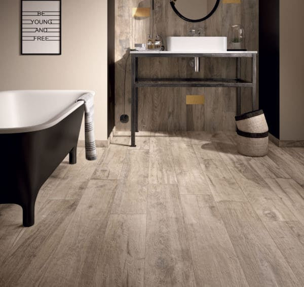 Legend 8x48 Wood Plank Tile in Sand featured in bathroom 