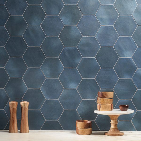 CostaHex 6" Hexagon Porcelain Tile in Chiazza Marino featured kitchen backsplash 