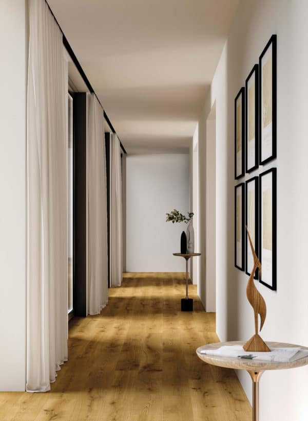 Exence 8x48 Wood Plank Tile in Amber featured in a hallway 