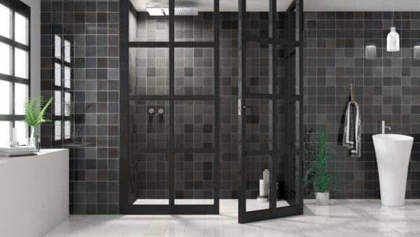 Zellige 5x5 Glossy Subway Tile in Graphite in a modern bathroom 