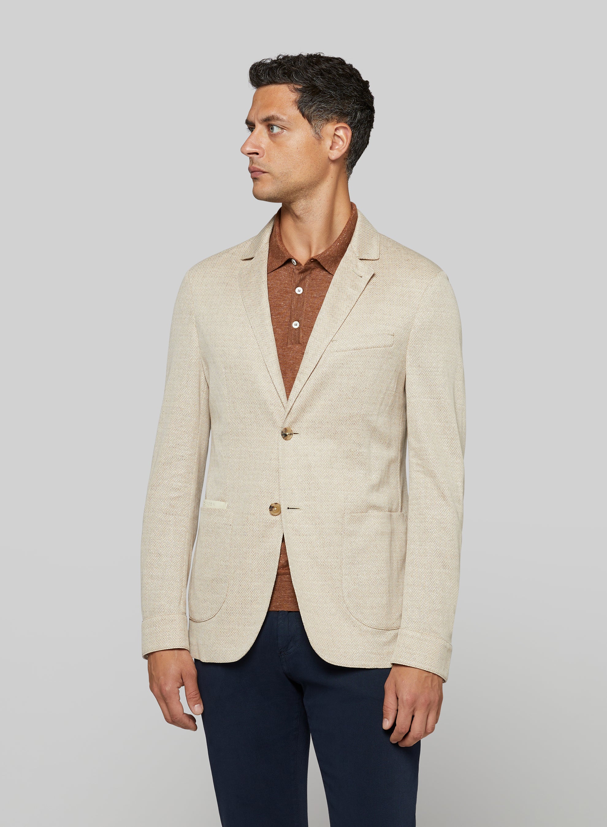 Ivory Herringbone Jersey Blazer | 2-Button Patch Pocket