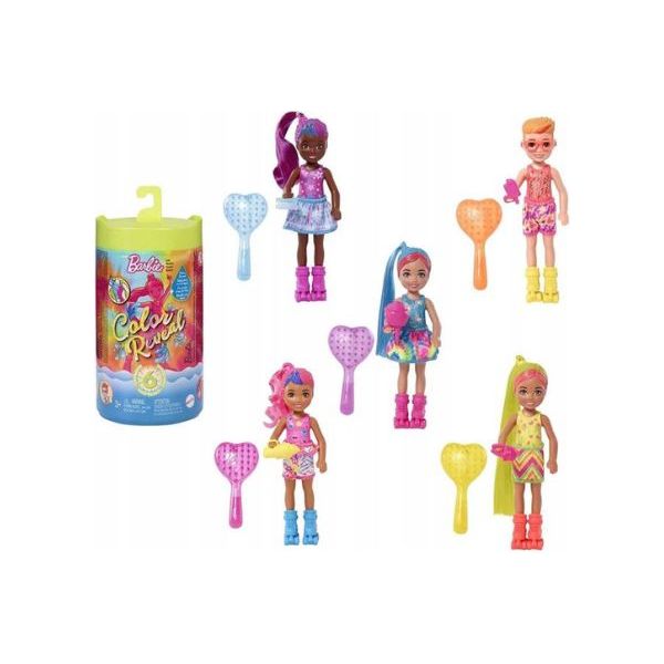 Mattel – Barbie – Chelsea – Color Reveal – Puppe mit Überraschungs-Zubehör, Neon Batik Serie