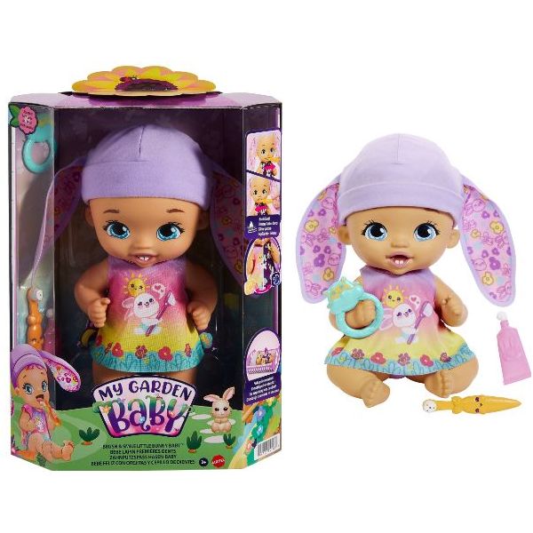 Mattel – My Garden Baby – Zahnputzspaß Hasen-Baby Puppe – Lavendel (30 cm) mit 3 Zubehörteilen und 2-in-1-Outfit, rosa Mütze