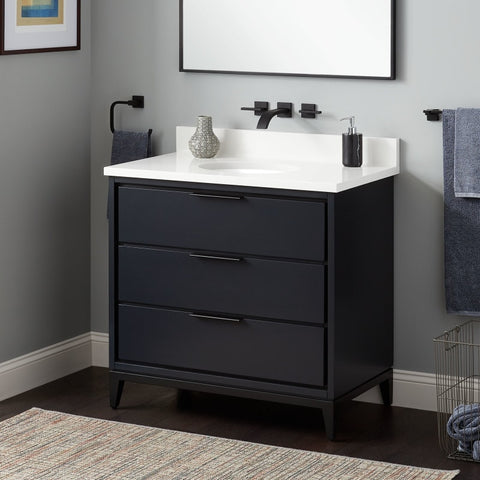 blue vanity on gray wall