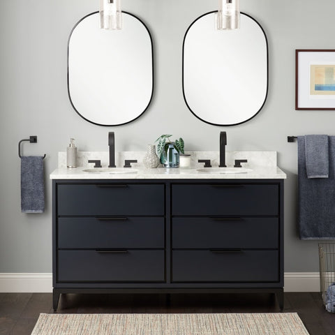 blue double vanity on gray wall