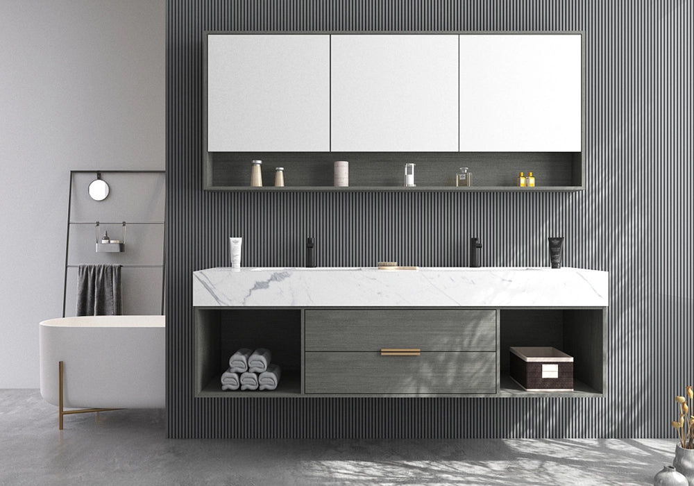 Modern bathroom vanity with marble countertop and open storage shelves