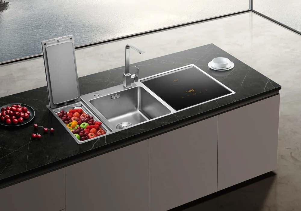 Smart kitchen sink with touch panel and fruit washer