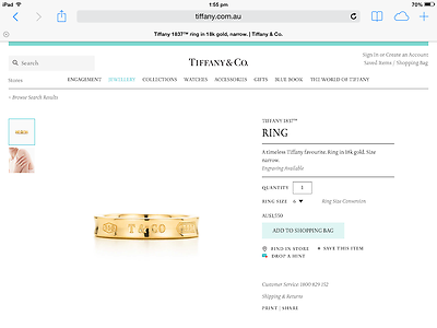 Tiffany & Co 1837 18ct Yellow Gold Ring Size 5.5 RRP $1550 with Receip ...