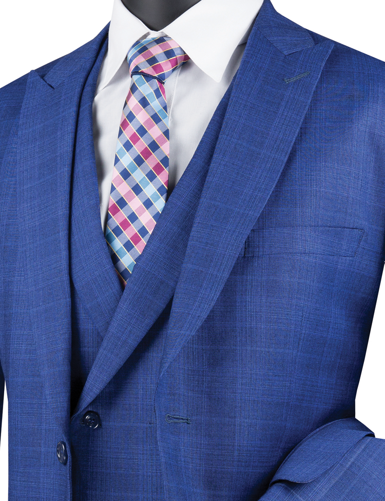 Vinci Modern Fit Glen Plaid 2 Button Peak Lapel 3 Piece Suit (Blue) MV ...