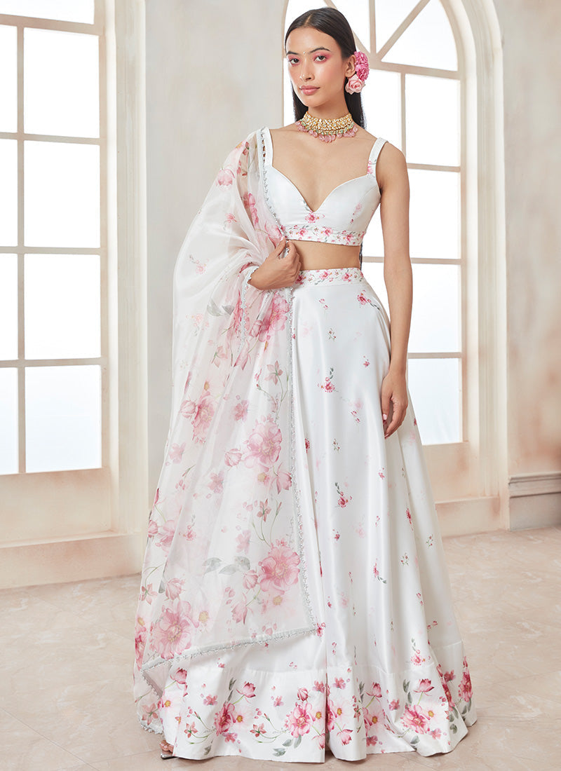 White with pink Lehenga with floral embroidery work in the skirt and blouse  with floral mirror border dupatta. – Meshira