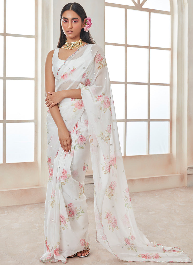 Buy White Floral Print Sarees Online for Women in Malaysia