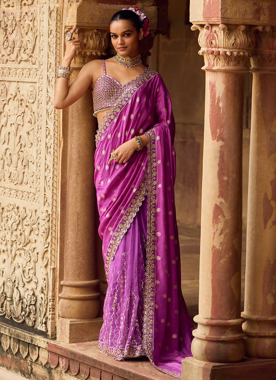 Purple Embroidered Brocade Saree - Lashkaraa India product image