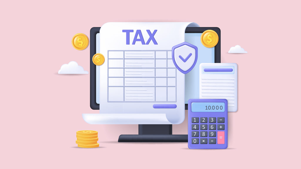 Tax Graphic showing money and filing a document on the computer