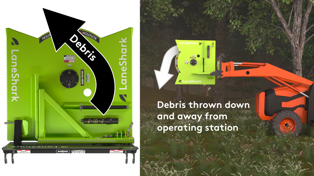 Graphic displaying where debris is thrown when the Lane Shark Brush Cutter is working in both the horizontal and vertical positions