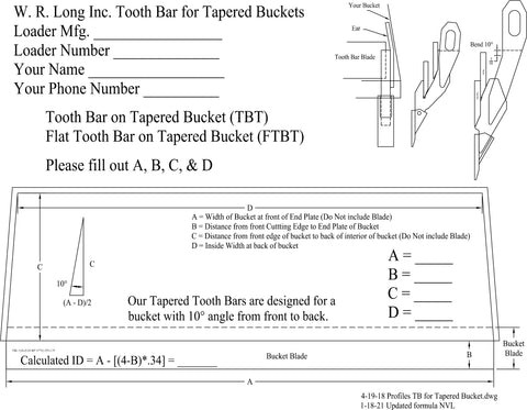 WR Long INnc Tooth Bar for Tapered Buckets Worksheet Diagram