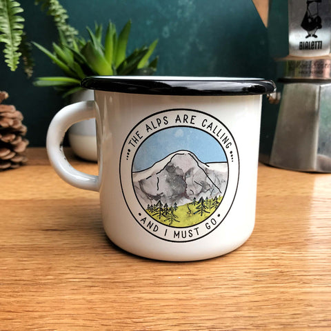Swiss Alps Themed Enamel mug perfect gift for coffee lovers and hikers