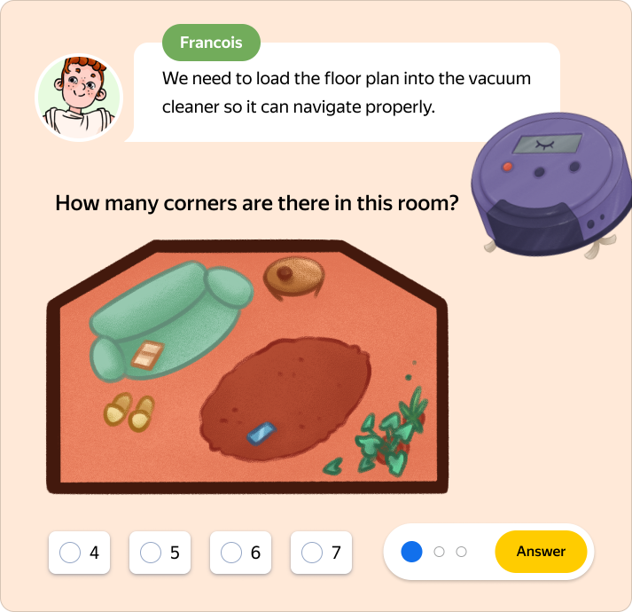 The story of setting up a robot vacuum cleaner. How many corners are there in this room?