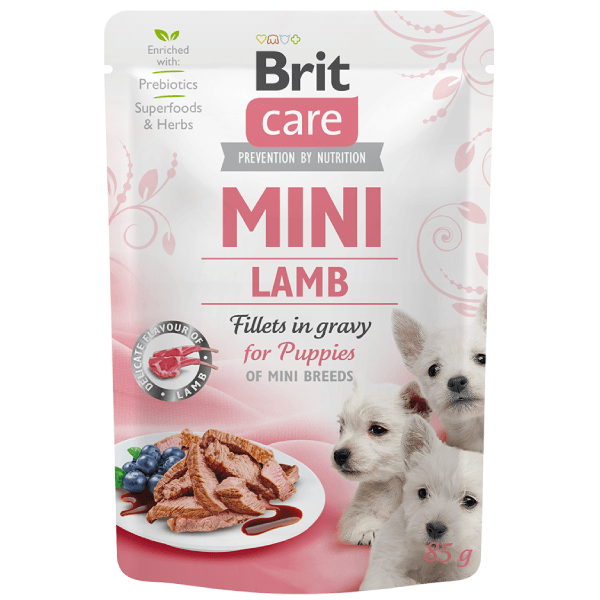 brit care miel si orez 12 kg Hrana umeda pentru caini Brit Care Mini Puppy Miel File in sos 85g