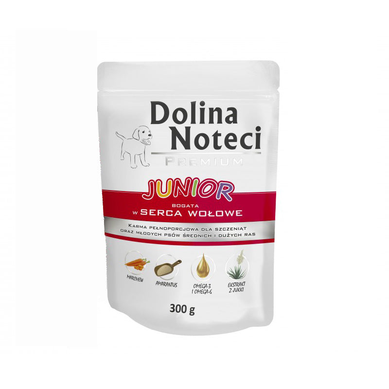 Hrana umeda pentru caini Dolina Noteci Premium Junior cu inima de vita 300 g