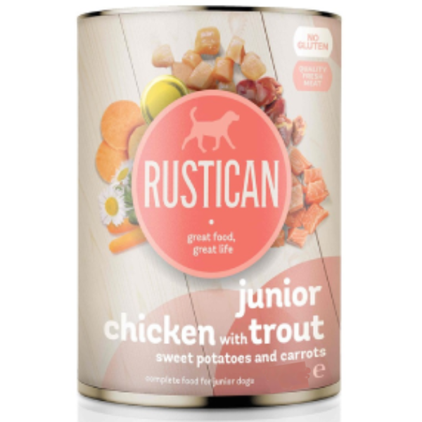 Hrana umeda pentru catei Rustican Junior Pui/Pastrav 400g