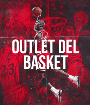 Basketball player in mid-air dunk with 'Outlet del Basket' text overlay.