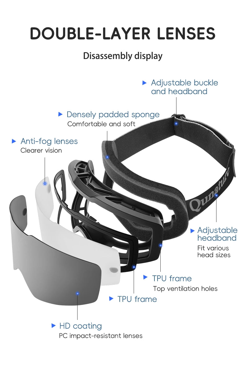Frameless anti-fog ski goggles are made of double-layer lenses and are comfortable to wear