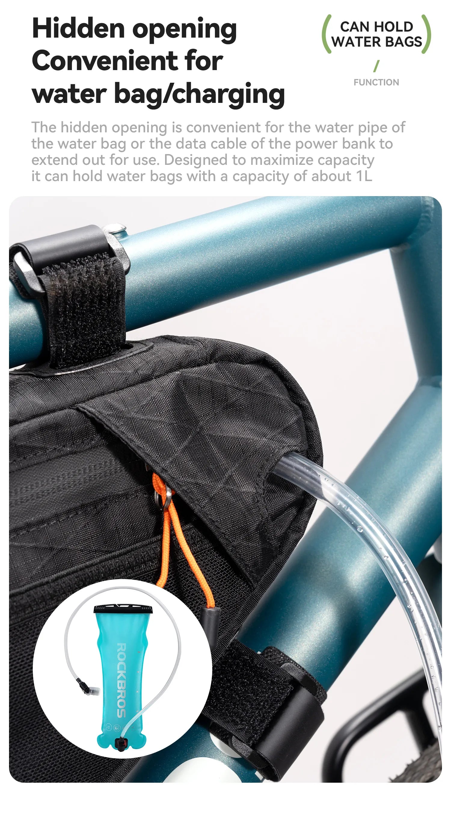 A large capacity down tube bike bag with a water bag tube inserted