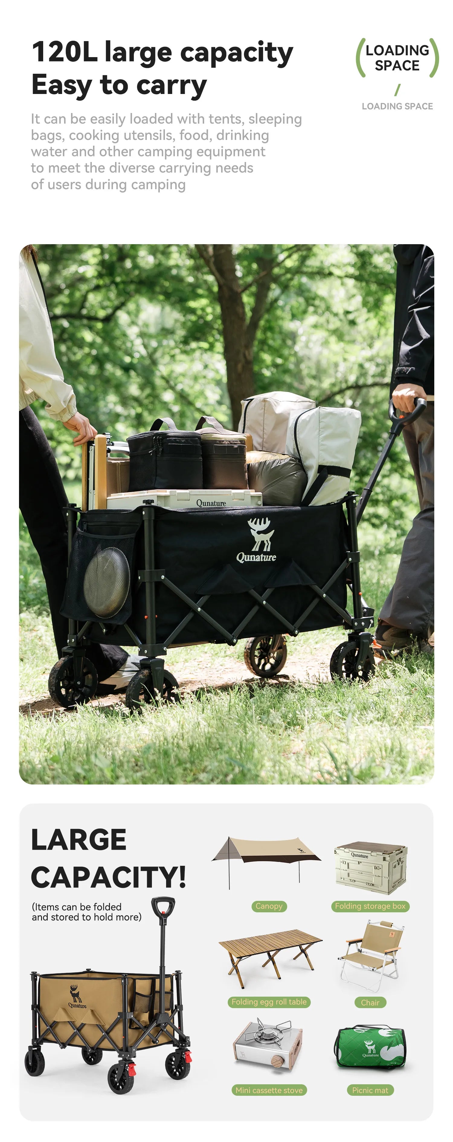 Two people are pulling a 120L utility wagont filled with camping supplies outdoors
