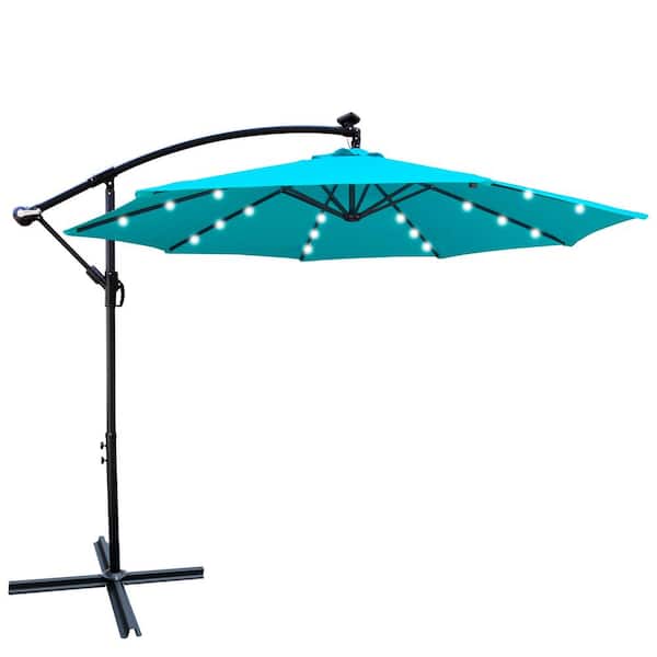 10 ft. Steel Cantilever Outdoor Patio Umbrella Solar Powered LED Lighted in Turquoise